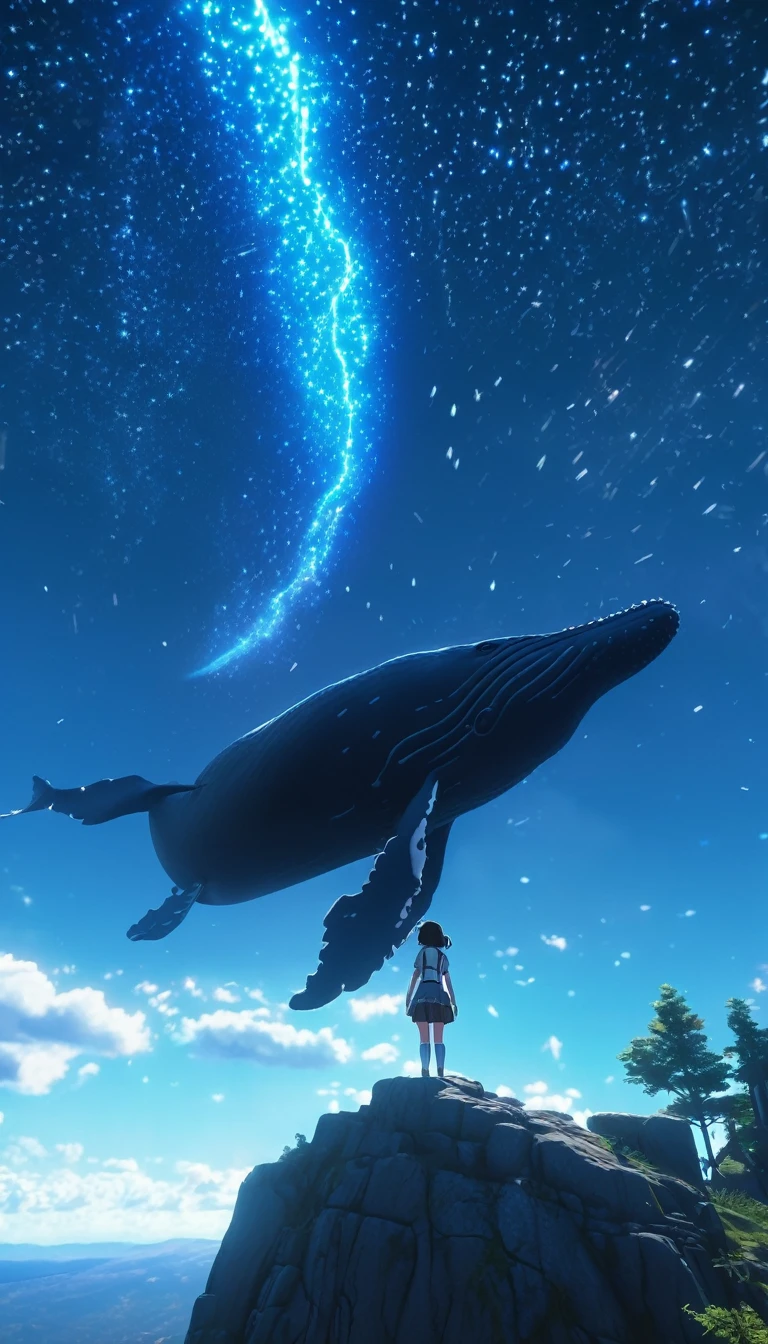 Low angle view，Looking up， A long-haired girl standing on the top of the mountain，A huge, glowing whale flies overhead，Starry Sky，Canon EOS R5，Photo effects，Graininess，Glowing Effects，Super Fine，Ultra-realistic，Real light and shadow contrast，True ray tracing，True light falloff，True light reflection，Anti-aesthetic style，Poodlepunk，Snapshot aesthetic style ， High Saturation，CG Art， Makoto Shinkai&#39;s photo, pure, Concept Art, Lofi Art style，Shinkai Makoto animation art style, Lofi Art, Beautiful anime scene, Anime Landscape, Detailed scenery, Makoto Shinkai&#39;s style, Makoto Shinkai&#39;s style, Enhance Details