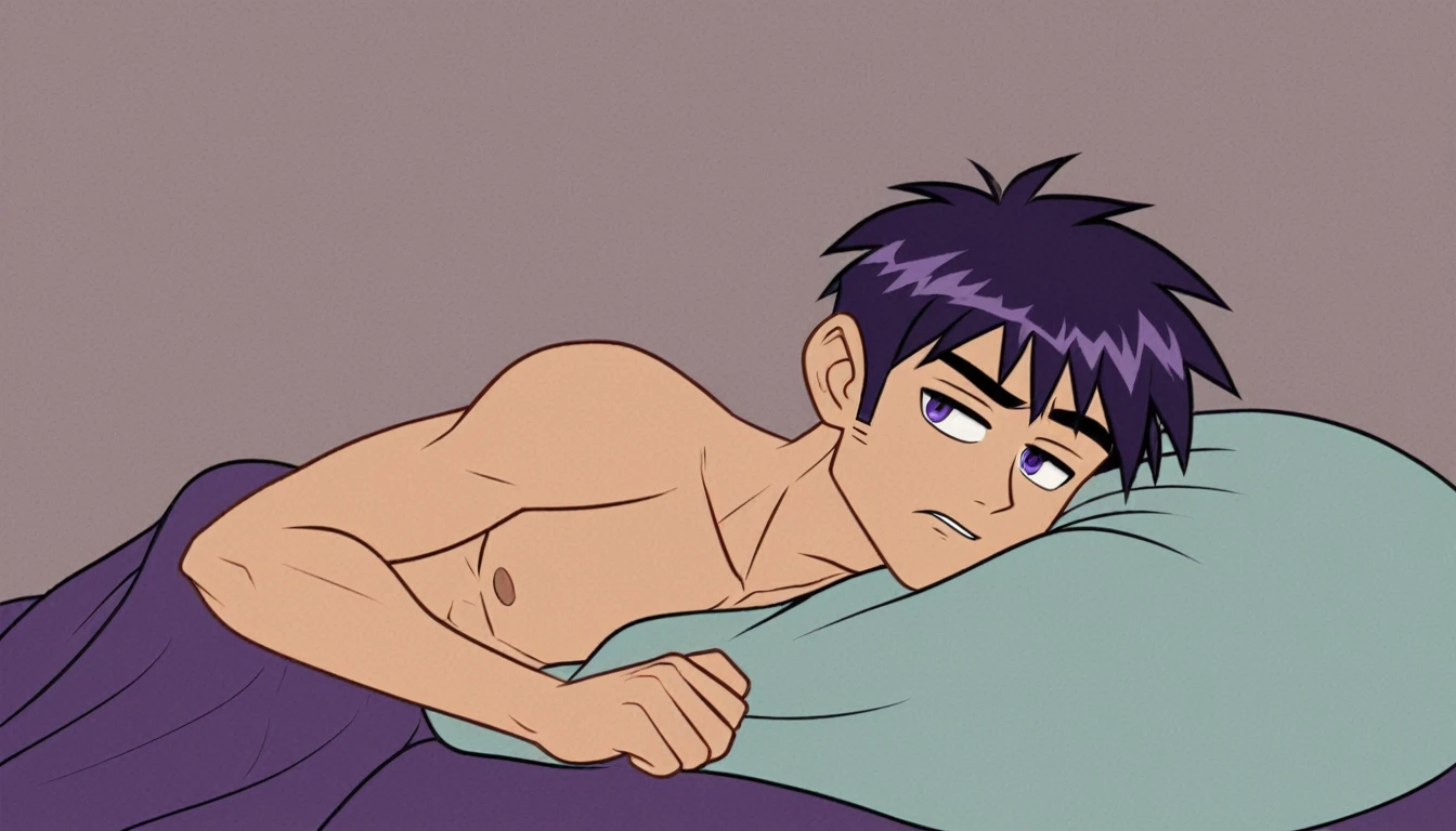 highres, monochrome,tcoaal, solo, looking at viewer, short hair, shirt, 1boy, Andy graves, hair between eyes, closed mouth,black hair, green eyes, Seen from side, Lying on the bed, Shirtless, Without clouth, male focus, Sweat, Simple background, messy hair, bright pupils, outline, white pupils, white outline