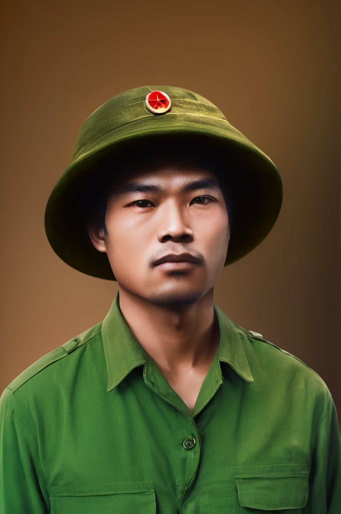 arafed man in a green shirt and hat with a red button on his hat, vietnam war soldier, inspired by Oka Yasutomo, phong shaded, inspired by Yasutomo Oka, do hoang tuong artwork, bao pham, color portrait, portrait of a soldier, digitally painted, in style of lam manh, drawn with photoshop