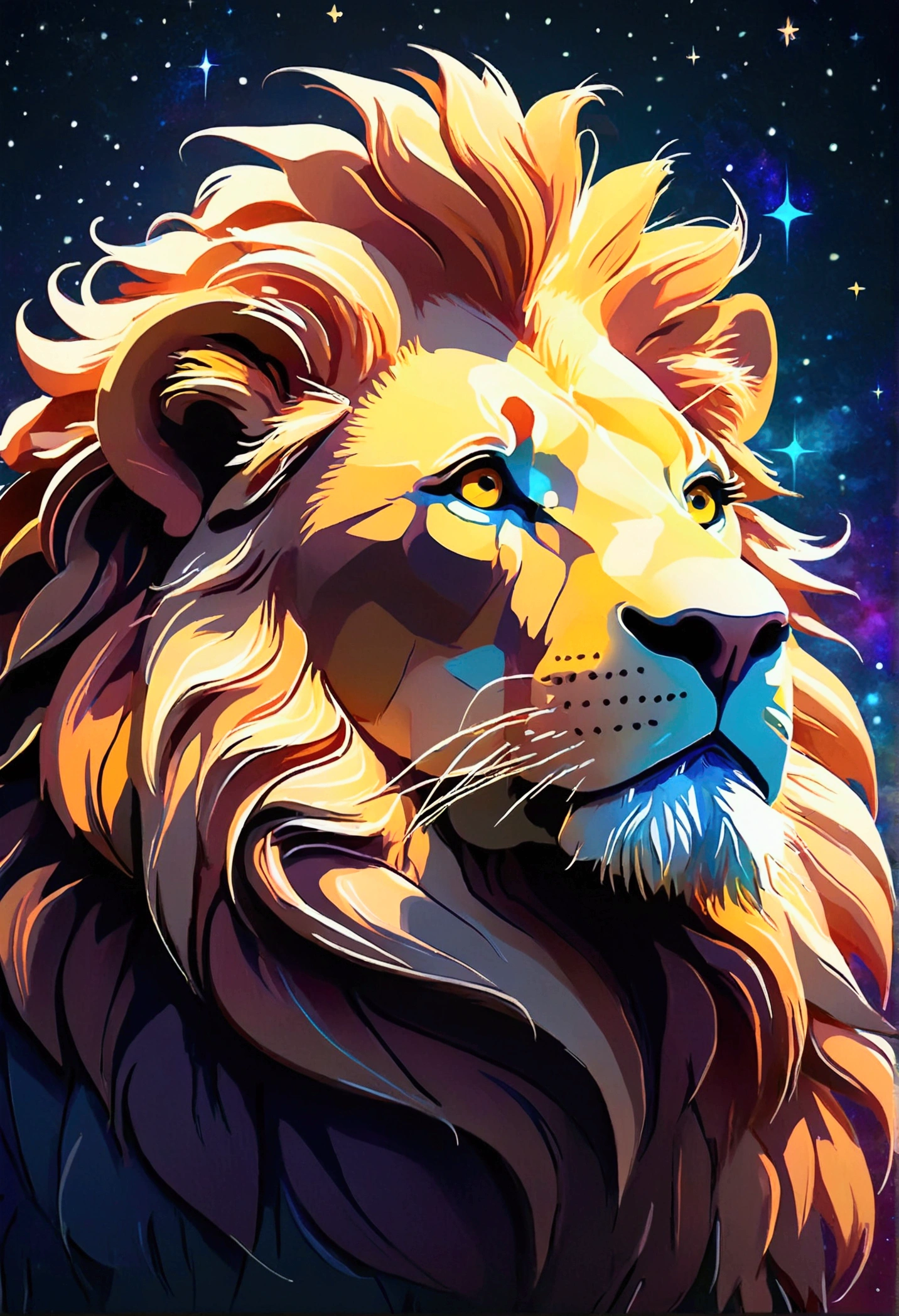 a lion contour (stylized) composed by bright stars. Cosmic background