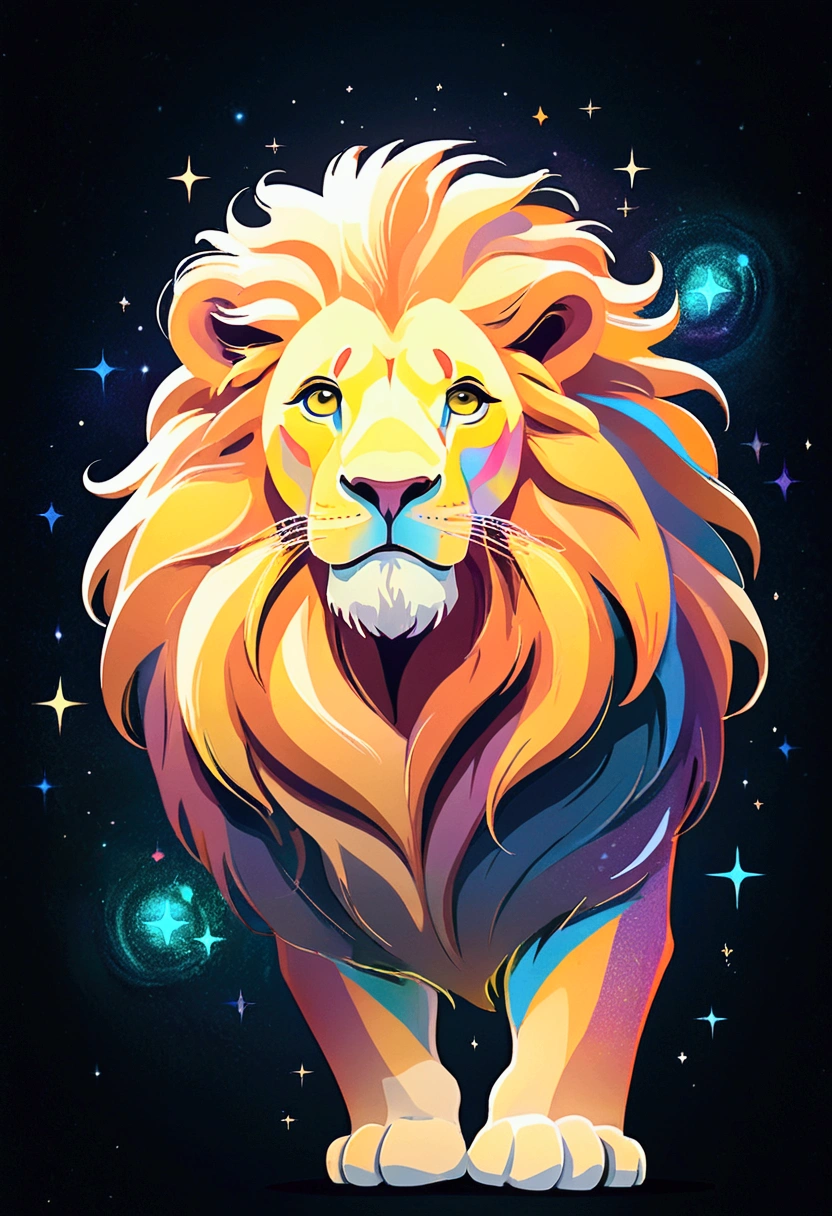 a lion contour (stylized) composed by bright stars. Cosmic background