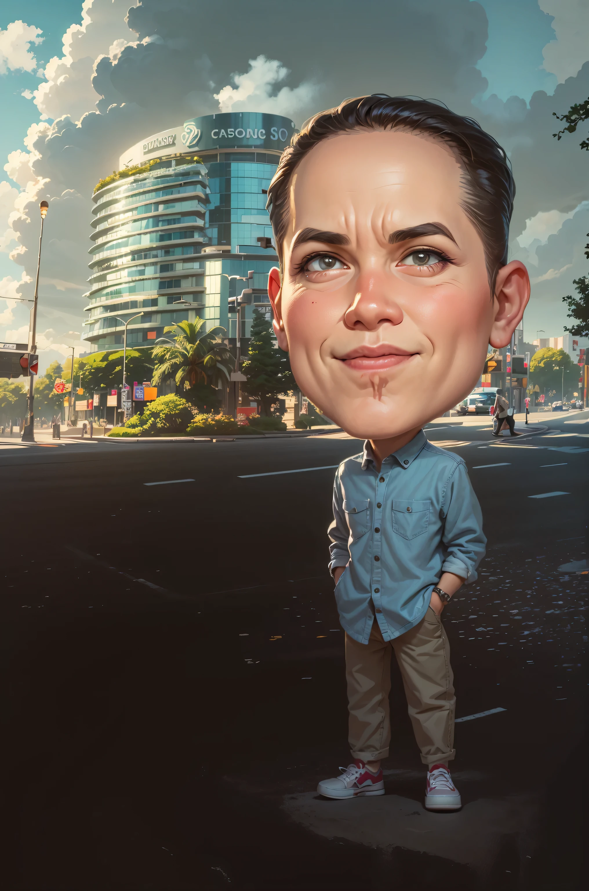 arafed man standing in front of a building with a large building in the background, caricature style, in cartoon style, big head, standing in a city center, chibi, caricature illustration, caricature!!!, caricature, digital art cartoon, cartoon artstyle, standing on street corner, with a big head, realistic cartoon, charicature, in city street, cartoon portrait