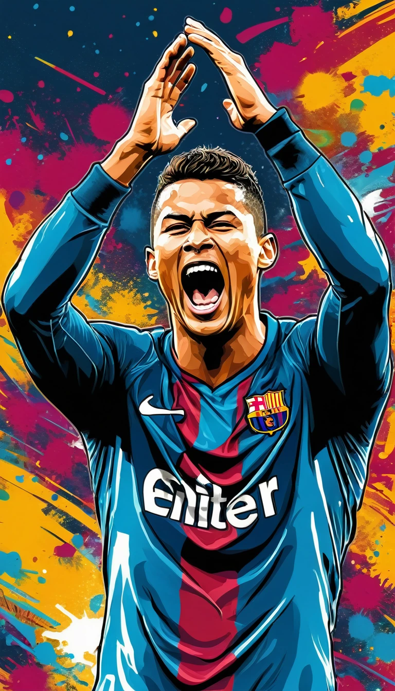 A vivid image of a footballer celebrating a goal, shouting a goal with joy, Closing the eyes., Inspired by Víctor Manuel García Valdés, portrait of cristiano ronaldo, Neymar, Inspired by Nuno Gonsalves, Inspired by Luis Enrique Carme, inspired by Oswaldo Viteri, Neymar Jr, detailed vector art, in digital illustration style, vectorial art, arte the fan
