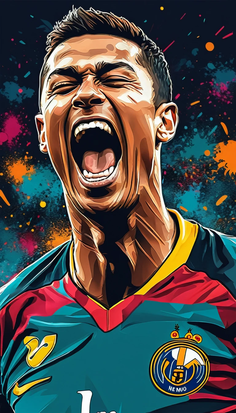A vivid image of a footballer celebrating a goal, shouting a goal with joy, Closing the eyes., Inspired by Víctor Manuel García Valdés, portrait of cristiano ronaldo, Neymar, Inspired by Nuno Gonsalves, Inspired by Luis Enrique Carme, inspired by Oswaldo Viteri, Neymar Jr, detailed vector art, in digital illustration style, vectorial art, arte the fan