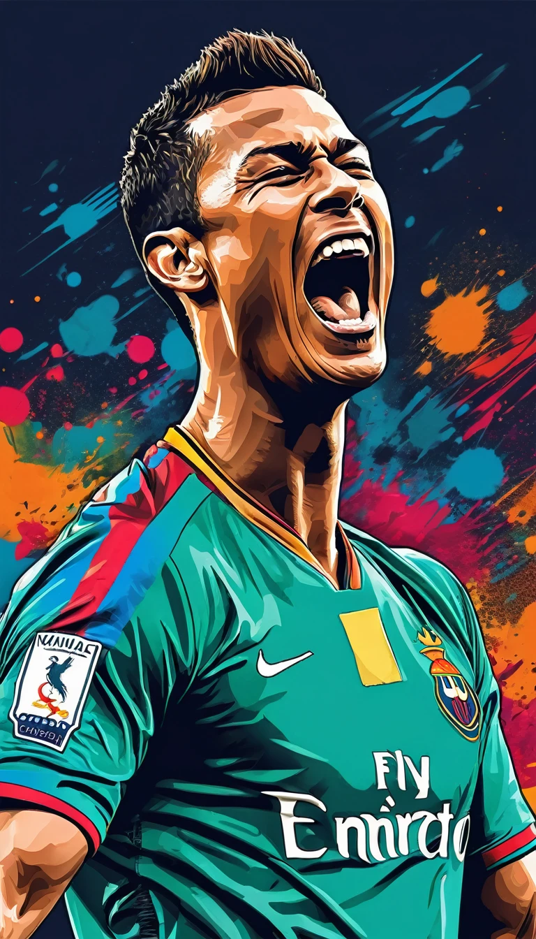 A vivid image of a footballer celebrating a goal, shouting a goal with joy, Closing the eyes., Inspired by Víctor Manuel García Valdés, portrait of cristiano ronaldo, Neymar, Inspired by Nuno Gonsalves, Inspired by Luis Enrique Carme, inspired by Oswaldo Viteri, Neymar Jr, detailed vector art, in digital illustration style, vectorial art, arte the fan