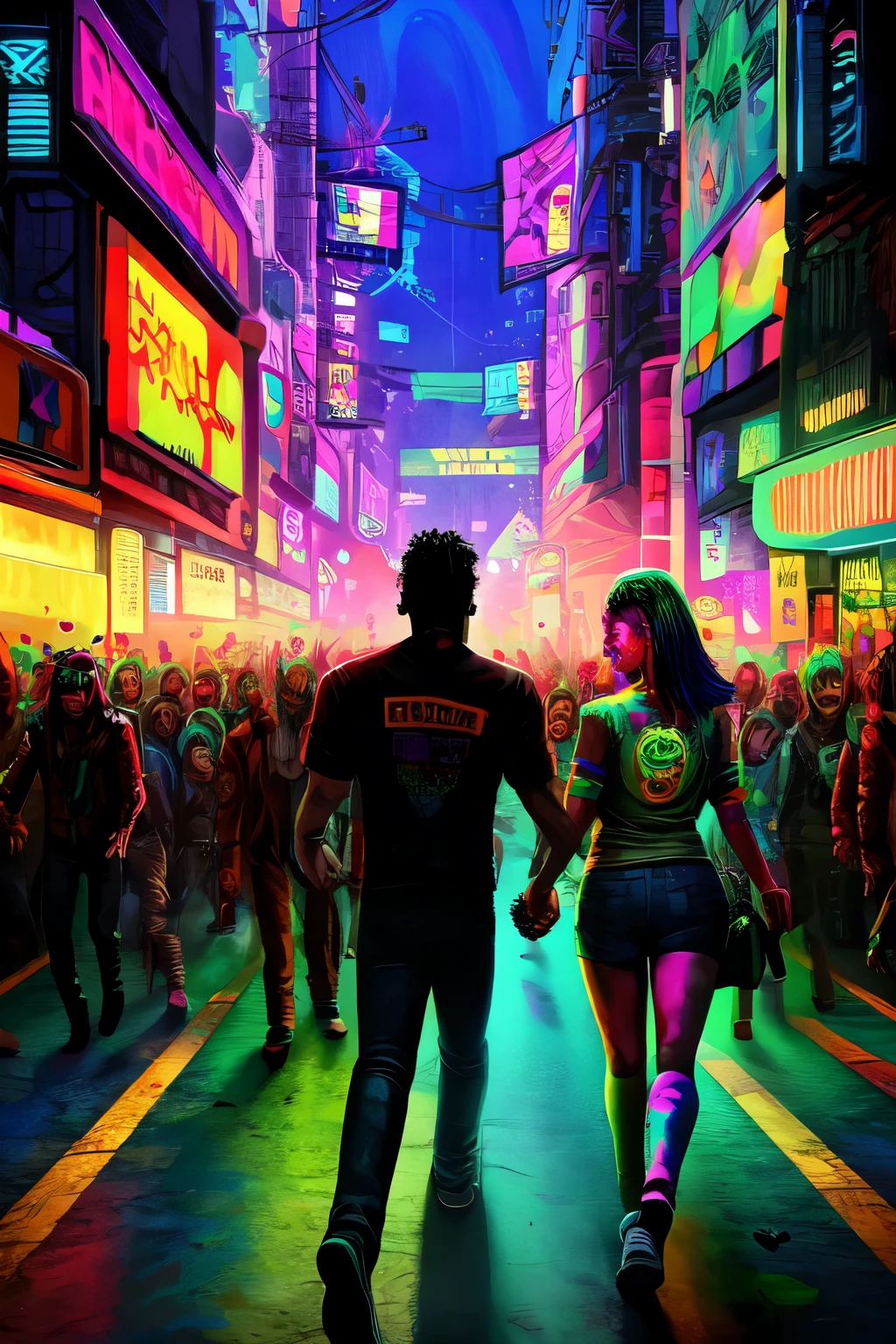 A psychedelic, colorful artwork of a man and a woman running hand in hand through a crowd of zombies in a cyberpunk world 