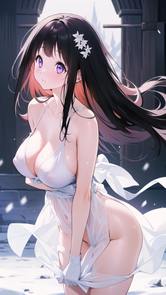 Amazing Chitanda, There is only one beautiful girl,Purple Eyes, Black Hair, Very red face,Very white skin,Glowing skin,Skin as delicate as porcelain,Naturally straight hair, Straight bangs,Extremely refined,Open lips,Long flowing hair,Beautiful Girl, Like a dream,Slim,Slim waist,Soft, (Sensual), (Kawaii), Dream quality,Beautiful big breasts,White transparent loose dress,Areola,Completely naked,Lower edge of breast,White gloves,Flower decoration,Deep V neckline,Loose neckline,Wide neckline,In school,The wind blows the hair,Place your hands on your inner thighs,Thighs clamp hands,Wet skin,Sweaty and sweaty,Sweating all over,On the snow,Back to,Hips,Side body,Gluteal groove,Completely naked的臀部,Bare back,Completely naked的背部,Light transmission,(no pants),nopan,pussy juice,Bare shoulders,There are no shoulder straps,Bare neck,Exposed collarbone,Exposing breasts,Exposing breasts侧面,Exposing breasts下面,Show your waist,Show your buttocks,Show your thighs,Exposing the groin,(No pants),extremely shy,Ultra-high resolution, (masterpiece:1.2, best quality), (Delicate and beautiful eyes: 1.2), (Beautiful and delicate face)