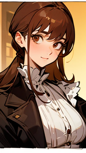 Miss Elizabeth Bennet, a young woman with an attractive appearance and a slender, well-proportioned figure. She has a fair complexion, dark, expressive eyes that convey her liveliness and intelligence, and brown hair. England, 1810's