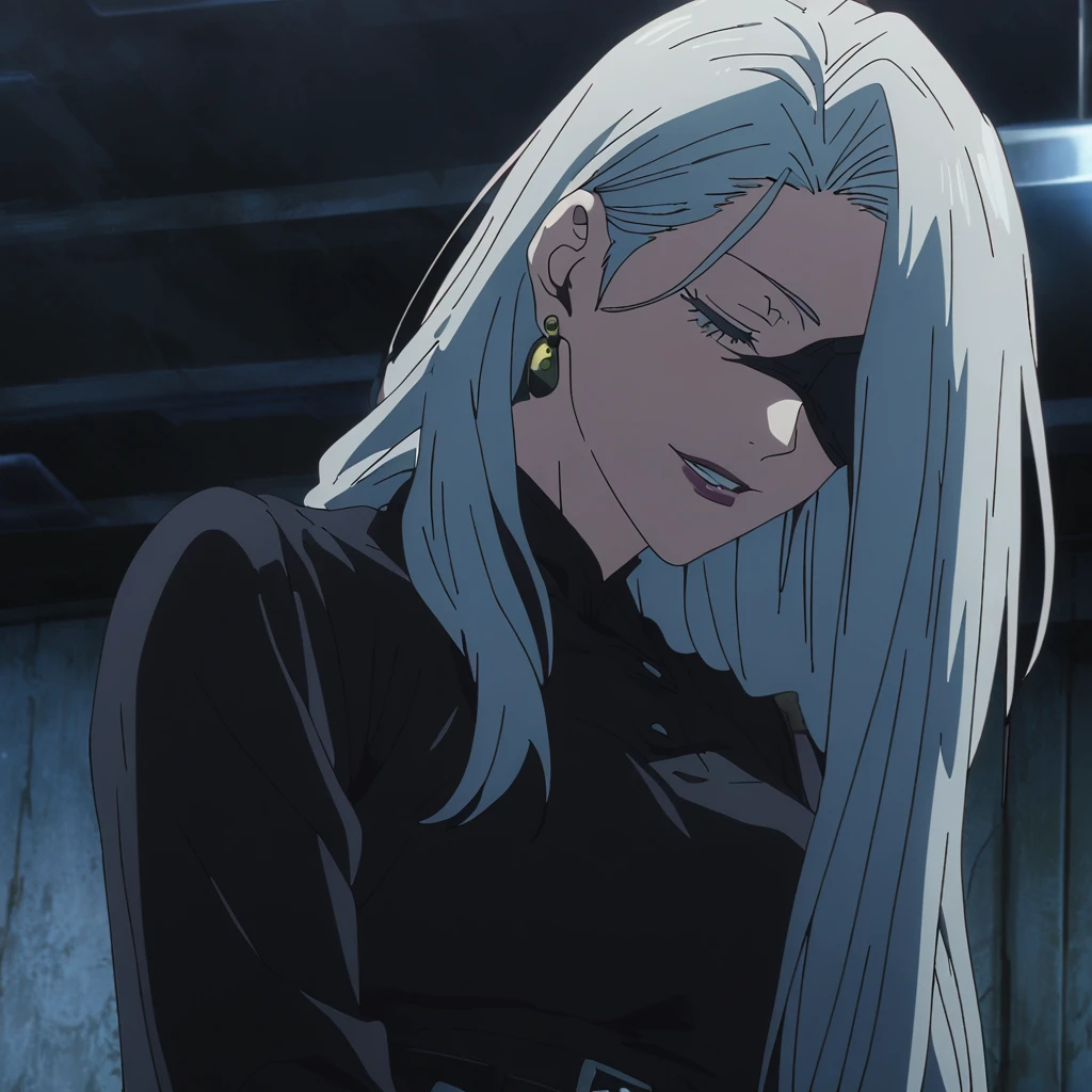 1girl, female gojo satoru, anime screencap from jujutsu kaisen, gojo satoru female version, solo, long_hair, ((Black blindfold )) ((Silver_hair, hair over ear from one side))((slicked hair)) , night view, (hanging breasts) upper_body, smile, indoors, parted lips, (long hair) ((wearing black colour outfit, glossy)) breast, "very detailed and high resolution" (Black blindfold ) ((solo)) (((front view))) (earings) ((high resolution)) ((good quality)) ((silky hair, hair over ear from one side))((hair slicked)) ((parted lips)) ((full body))