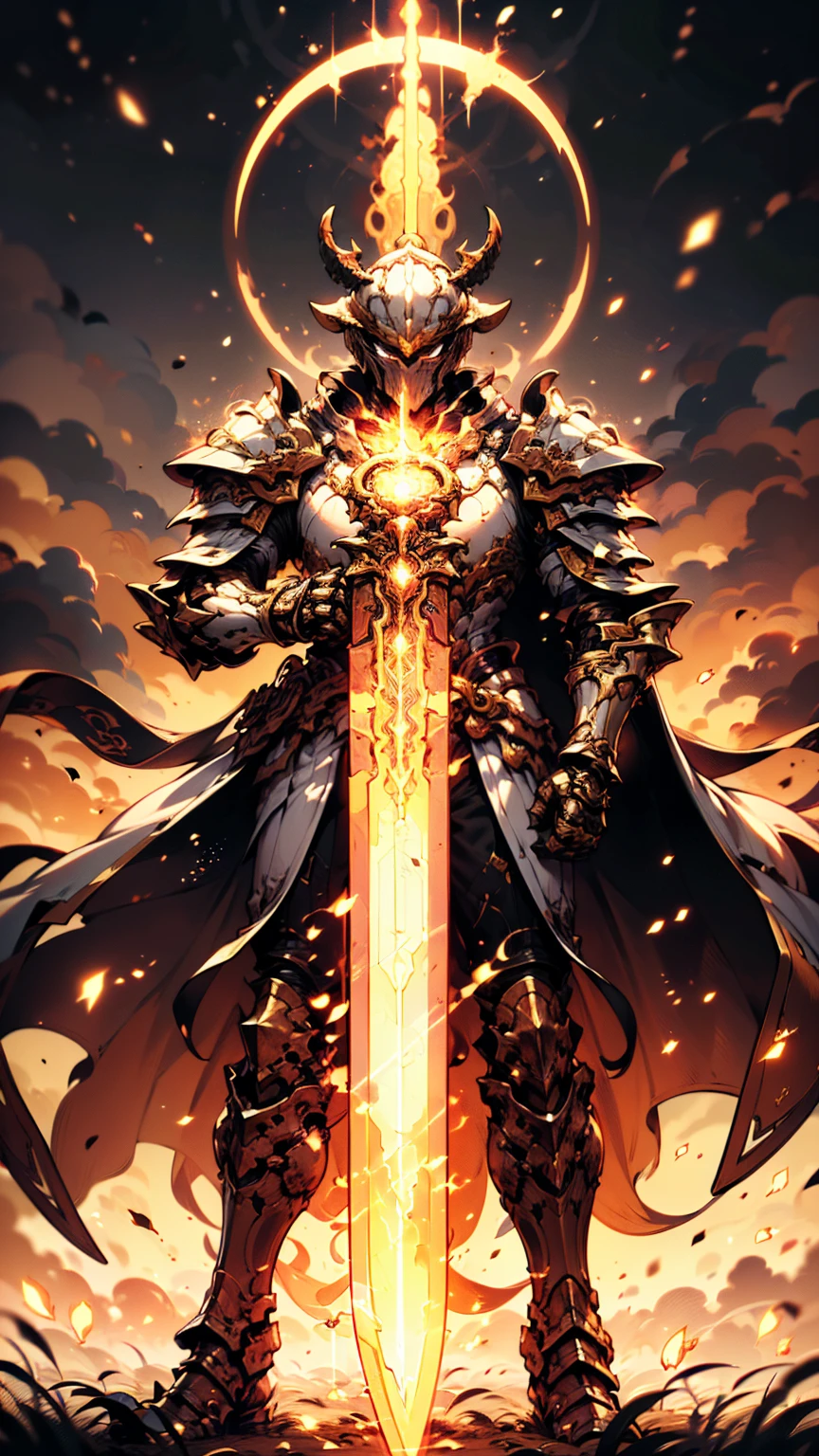 8K quality,(super masterpiece:1.3),Highest quality,Detailed Images,1 male,knight,pocket(Full Face,Two cow horns),armor(Silver Full Armor,Golden decoration),(Wear a red cloak,Red Cape),sword(燃えるsword,swordを右手で持つ),(background:Burning image,sunset,幻想的なsunset,The End,The end of the world,grassland,Takayama,Halo effects),(Whole body image,Standing with your legs apart),(Face directly towards the camera,Looking directly at the viewer,looking at the camera,The body faces the viewer,The body is facing the direction of the camera,Face looking straight into the camera).