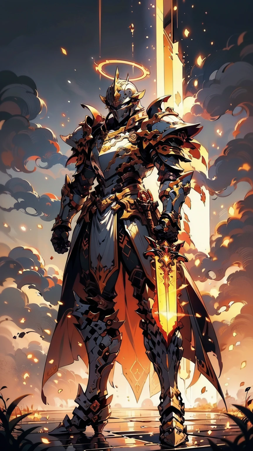 8K quality,(super masterpiece:1.3),Highest quality,Detailed Images,1 male,knight,pocket(Full Face,Two cow horns),armor(Silver Full Armor,Golden decoration),(Wear a red cloak,Red Cape),sword(燃えるsword,swordを右手で持つ),(background:Burning image,sunset,幻想的なsunset,The End,The end of the world,grassland,Takayama,Halo effects),(Whole body image,Standing with your legs apart),(Face directly towards the camera,Looking directly at the viewer,looking at the camera,The body faces the viewer,The body is facing the direction of the camera,Face looking straight into the camera).