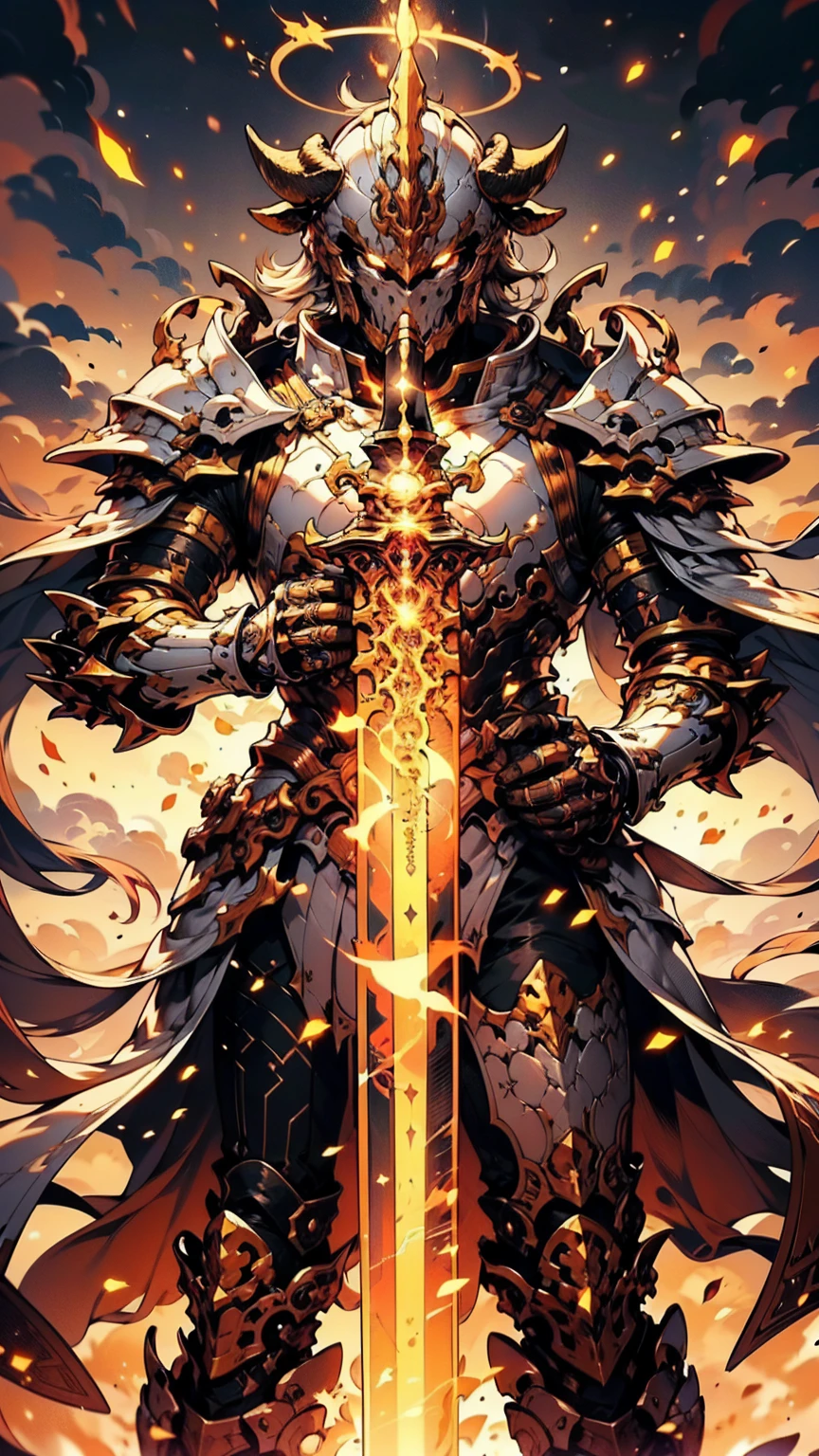 8K quality,(super masterpiece:1.3),Highest quality,Detailed Images,1 male,knight,pocket(Full Face,Two cow horns),armor(Silver Full Armor,Golden decoration),(Wear a red cloak,Red Cape),sword(燃えるsword,swordを右手で持つ),(background:Burning image,sunset,幻想的なsunset,The End,The end of the world,grassland,Takayama,Halo effects),(Whole body image,Standing with your legs apart),(Face directly towards the camera,Looking directly at the viewer,looking at the camera,The body faces the viewer,The body is facing the direction of the camera,Face looking straight into the camera).