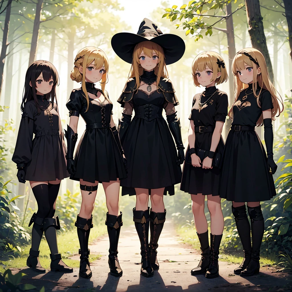 a group of beautiful witch girls in the middle of a forest in the night, tribal tattoo ,multiple girls, five girls, light armor ,elbow pads, knee pads, red and blonde hair , standing girl young girl, gloves, elbow pads, boots, smiles, small breasts, long black dress, necklaces, full body,