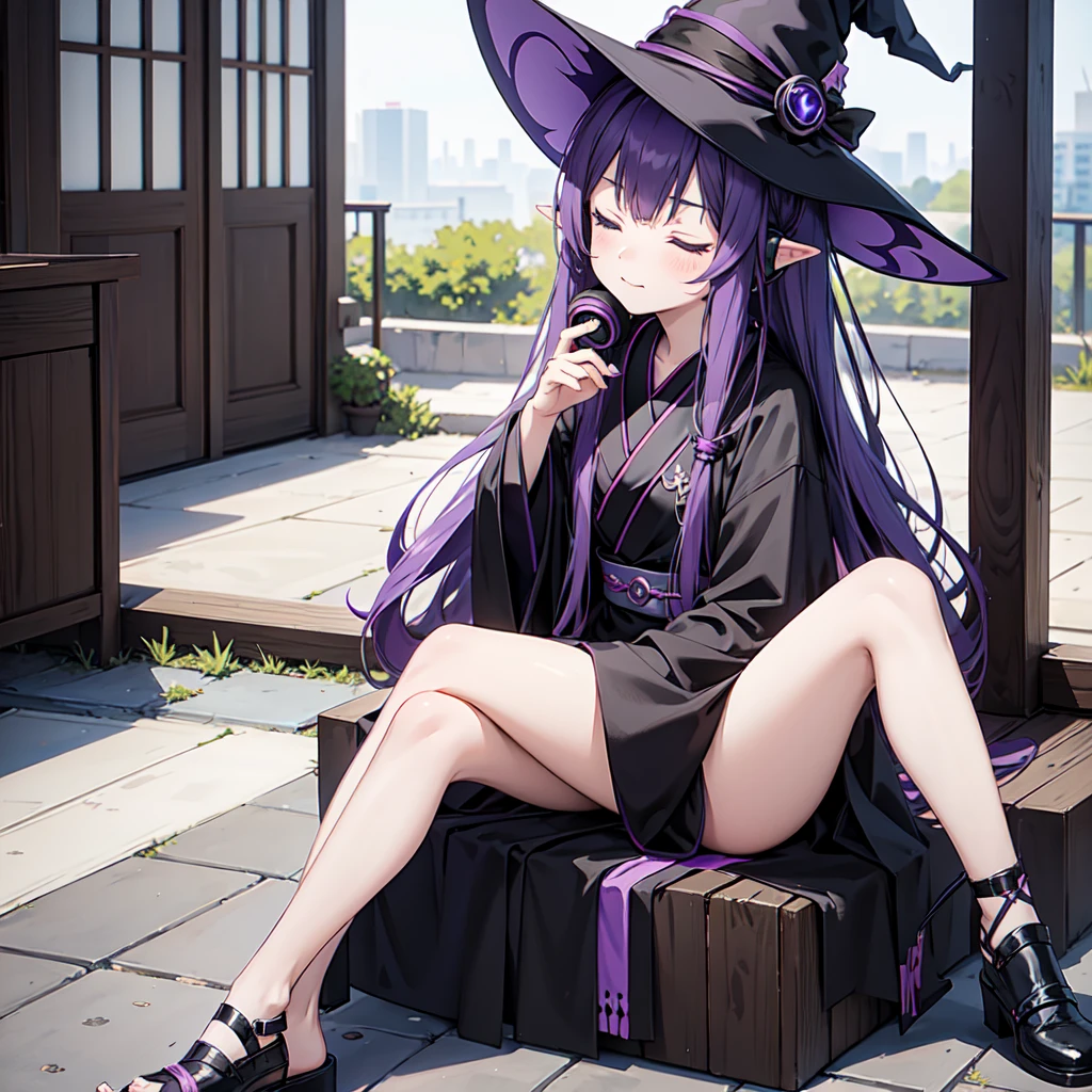 1 person. Anime girl with long purple hair and black robe. Pointy ears. Cute as in manga. Sitting with eyes closed. Headphones. Witch hat on the ground.