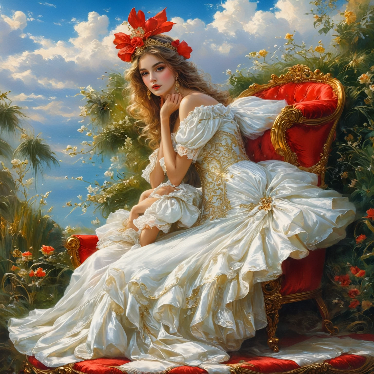 A picture: a woman in a white dress, sitting on a red chair, she rests her elbows on a satin cushion embroidered with gold thread, beautiful languid princess, beautiful fantasy girl, Fantasy Victorian art, karol bak uhd, beautiful fantasy art portrait, portrait of the queen of dreams, beautiful fantasy art, beautiful art uhd 4k, beautiful girl, romanticism portrait, princess portrait, elegant portrait, Princess portrait painting.