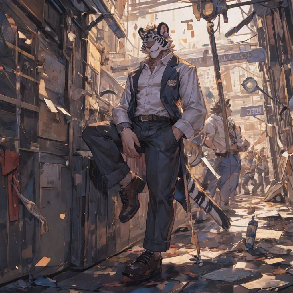 {{bara extremely handsome white tiger student,}} {{white fur,}} white, wearing blazer, trousers, white dress shirt and necktie, white fluffy furry body and limbs, loafers, very tall, very broad shoulders, narrow waist, muscular arms, massive pecs, purple eyes, very long legs, massive bulge, sophisticated hot look, 3/4 view, best quality, leaning on wall, high detail, CG image, character splash art, silver earring on left ear, sultry smirk