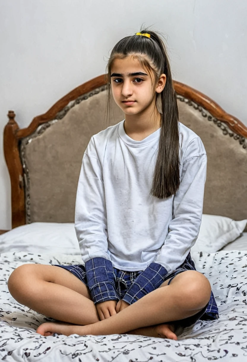 Ponytail hair Kurdish  girl sitting on bed 