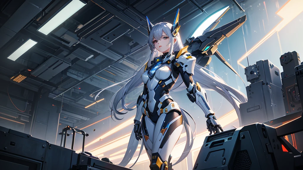 beauty, Girl, mecha, mechanical parts, in the space, Hyperrealistic details, volumetric lighting, high quality, minute details,