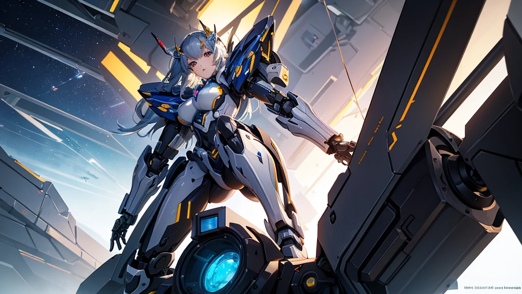 beauty, Girl, mecha, mechanical parts, in the space, Hyperrealistic details, volumetric lighting, high quality, minute details,