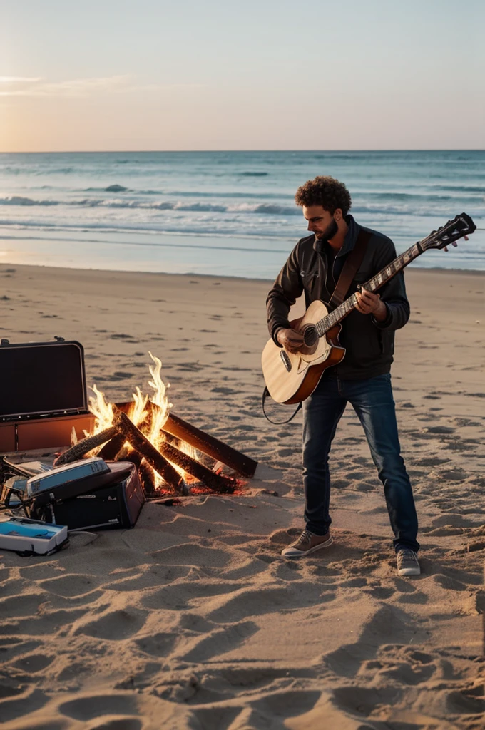 Un homme qui fait de la guitare sur la plage devant un feu de camp