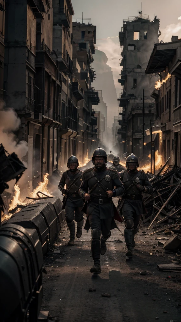 A Roman military general and his troops in the back row are running, looking like they want to enter the destroyed and burning city of Rome, create in great detail the background of building symbols and clothing that was relevant at that time and create This is an 8K cinematic, use a black, gray color palette  -grey, and red