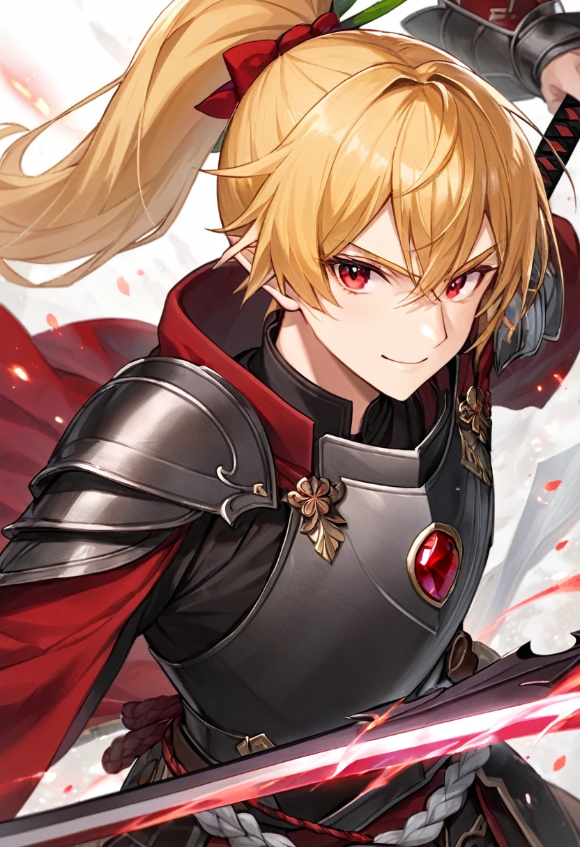 One boy half-elf, red ruby eyes, beautiful face, Long Ponytail blonde hair, Gray heavy paladin armor with scar, great sword Smilling