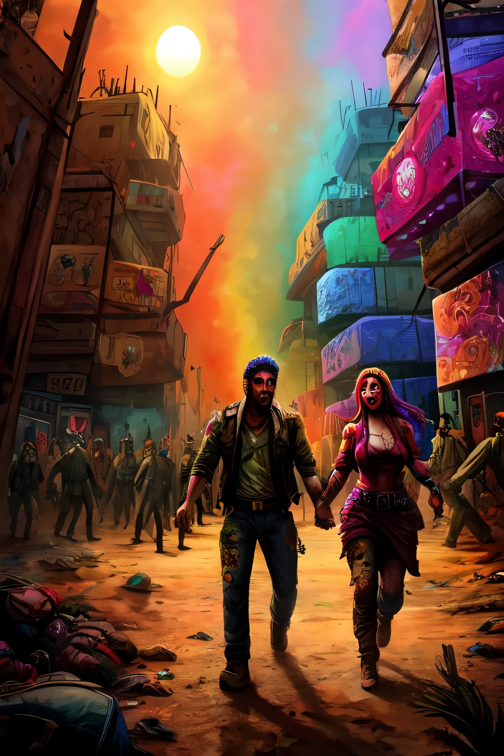 A psychedelic, colorful art of a man and a woman running hand in hand through a crowd of zombies in a post-apocalyptic, desert world 
