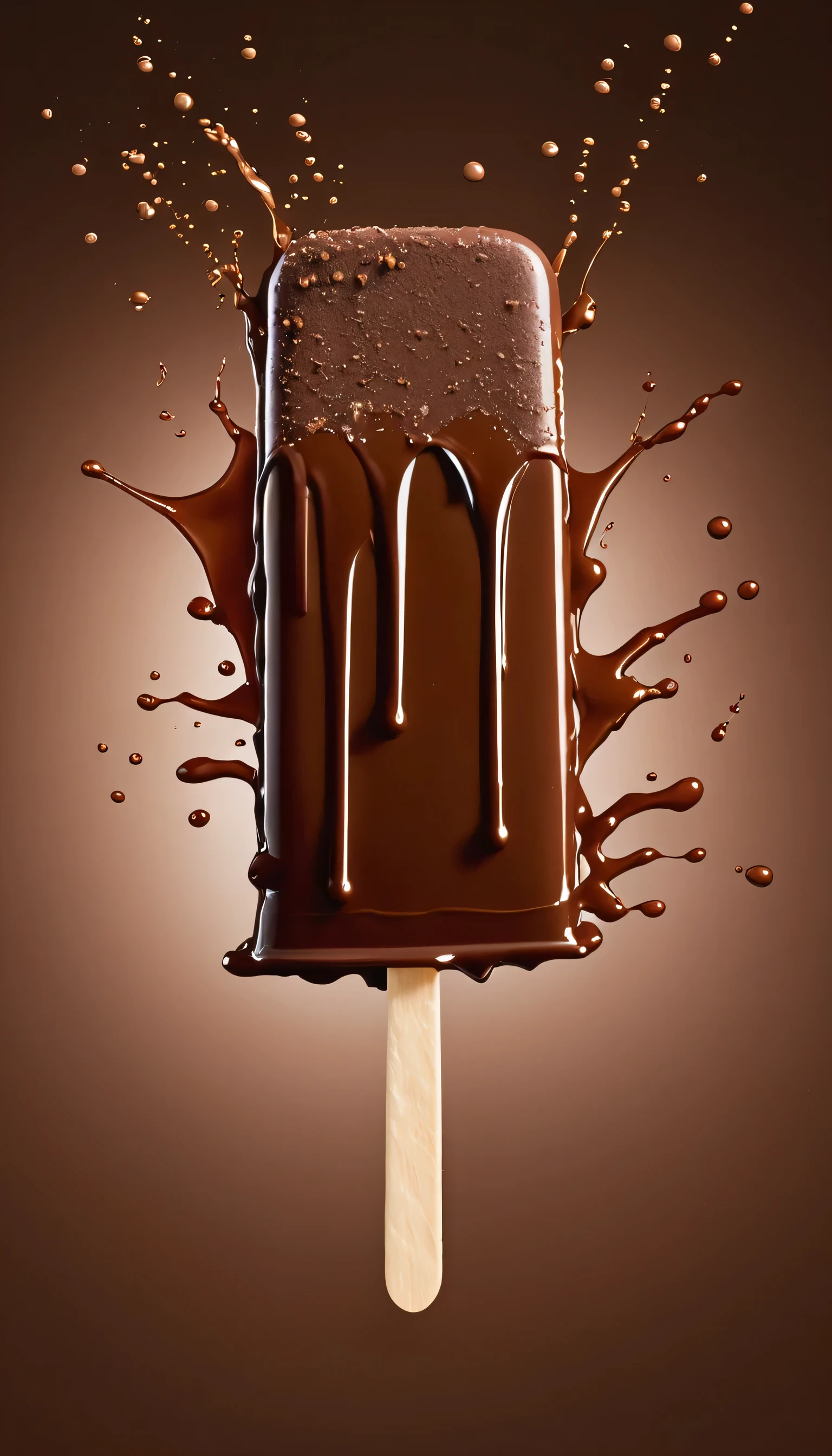 a picture of a popsicle, splashed by chocolate like in a commercial
