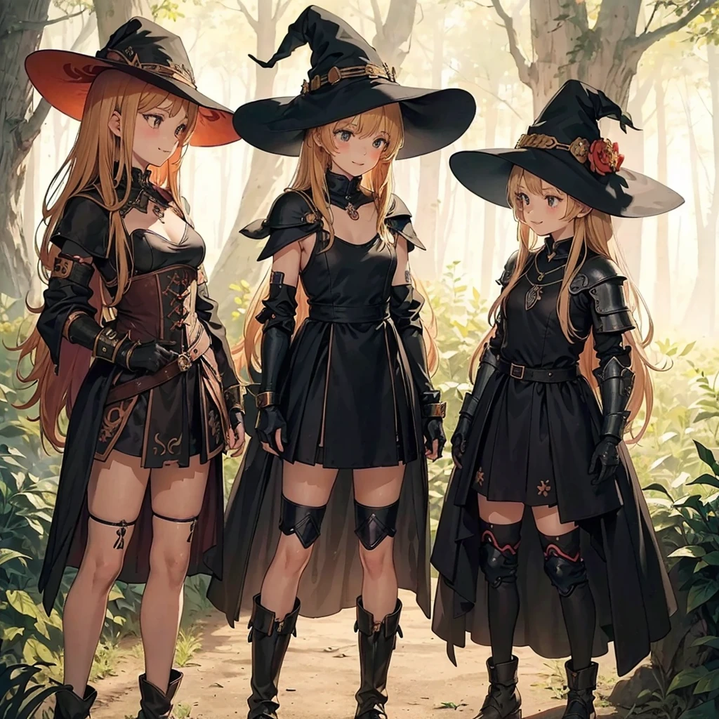 a group of beautiful witch girls in the middle of a forest in the night, tribal tattoo ,multiple girls, five girls, light armor ,elbow pads, knee pads, red and blonde hair , standing girl young girl, gloves, elbow pads, boots, smiles, small breasts, long black dress, necklaces, full body,