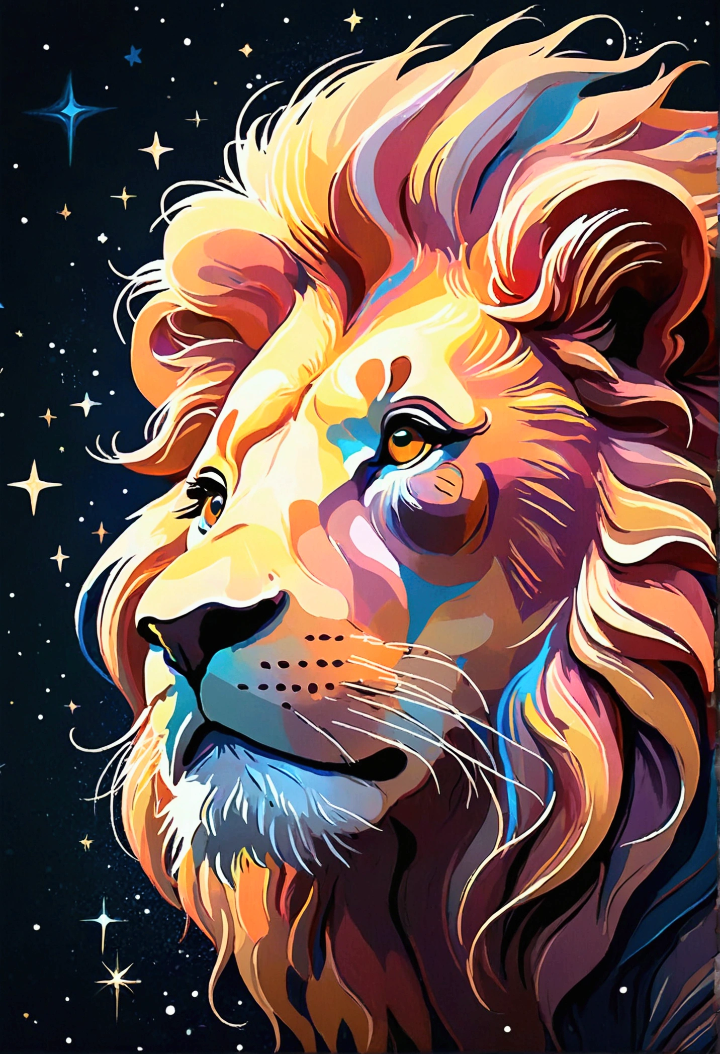 a lion ((contour)) (stylized) composed by bright stars. Cosmic background