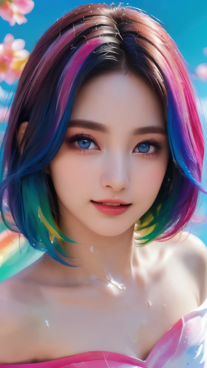 (Pink Fashion T-shirt:1.9),(Colorful hair: 1.8), (all the colours of the rainbow: 1.8),(((((vertical painting:1.6))), (painting:1.6),front, comics, illustrations, paintings, large eyes, crystal clear eyes,( rainbow color gradient high ponytail:1.7), exquisite makeup, closed mouth,(Small Fresh: 1.5),(Wipe Chest: 1.6) ,long eyelashes, white off shoulder T-shirt, White Shoulder Shirt,looking at the audience, large watery eyes, (rainbow colored hair:1.6), color splash, (solo:1.8), color splash, color explosion, thick paint style, messy lines, ((shining)),(colorful), (colorful), (colorful), colorful, Thick Paint Style, (Splash) (Color Splash), Vertical Painting, Upper Body, Paint Splash, Acrylic Pigment, Gradient, Paint, Highest Image Quality, Highest Quality, Masterpiece, Solo, Depth of Field, Face Paint, colorful clothes, (Elegant: 1.2), gorgeous,long hair, wind, (Elegant: 1.3), (Petals: 1.4),(((masterpiece))),(((best quality))),((ultra-detailed)),(illustration),(dynamic angle),((floating)),(paint),((disheveled hair)),(solo),(1girl) , (((detailed anima face))),((beautiful detailed face)),collar,bare shoulders,white hair, ((colorful hair)),((streaked hair)),beautiful detailed eyes,(Gradient color eyes),(((colorful eyes))),(((colorful background))),(((high saturation))),(((surrounded by colorful splashes))),