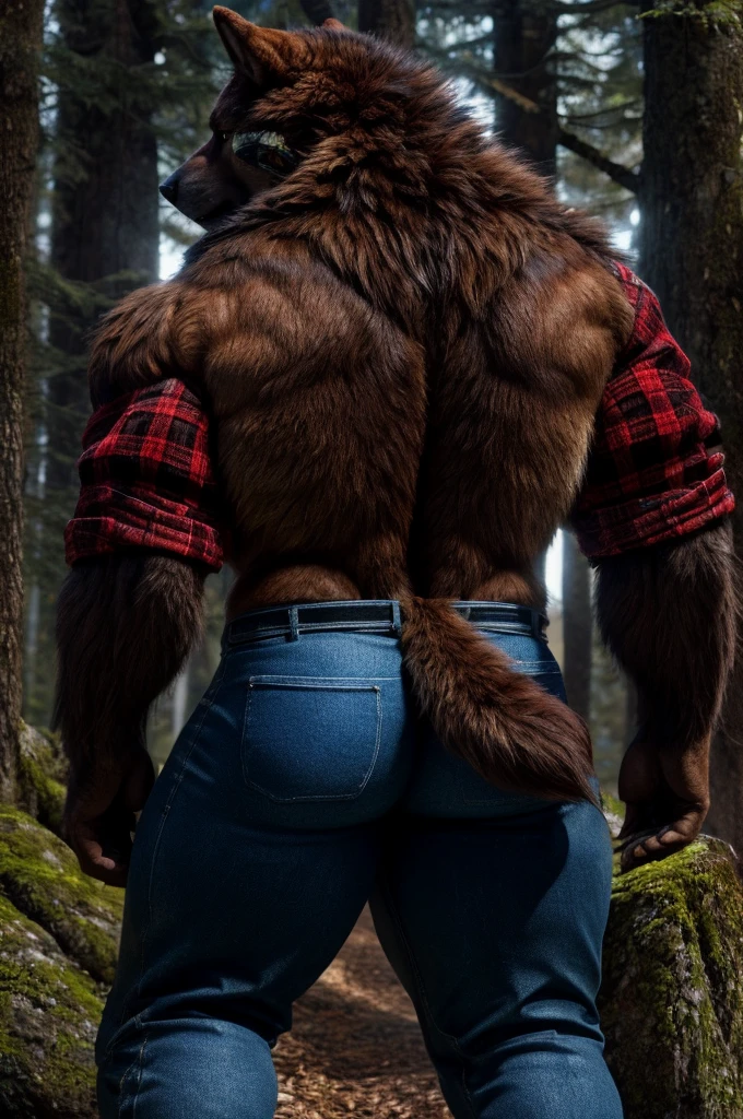 (full body shot), (realistic style), (furry), (humanoid), male wolf, full body brown fur, brown eyes, perfect muscular body, and biggest muscles, biggest pecs, biggest thighs, and biggest ass, wearing blue jeans and red plaid jacket, no shirt, realistic forest background, rear shot, brown wolf tail