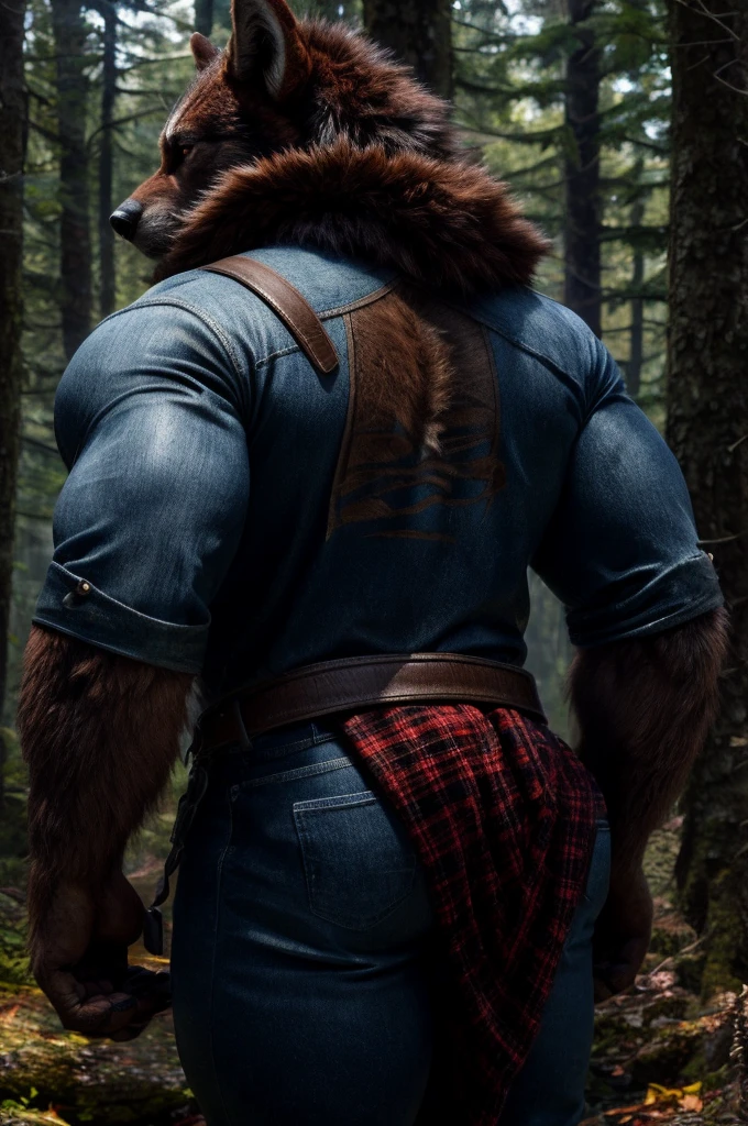 (full body shot), (realistic style), (furry), (humanoid), male wolf, full body brown fur, brown eyes, perfect muscular body, and biggest muscles, biggest pecs, biggest thighs, and biggest ass, wearing blue jeans and red plaid jacket, no shirt, realistic forest background, rear shot, brown wolf tail