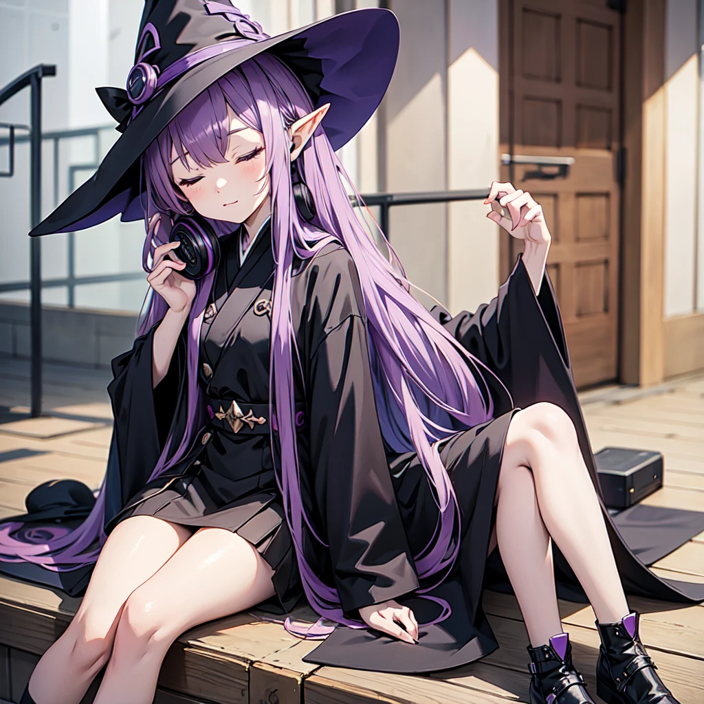1 person. Anime girl with long purple hair and black robe. Pointy ears. Cute as in manga. Sitting with eyes closed. Headphones. Witch hat on the ground.