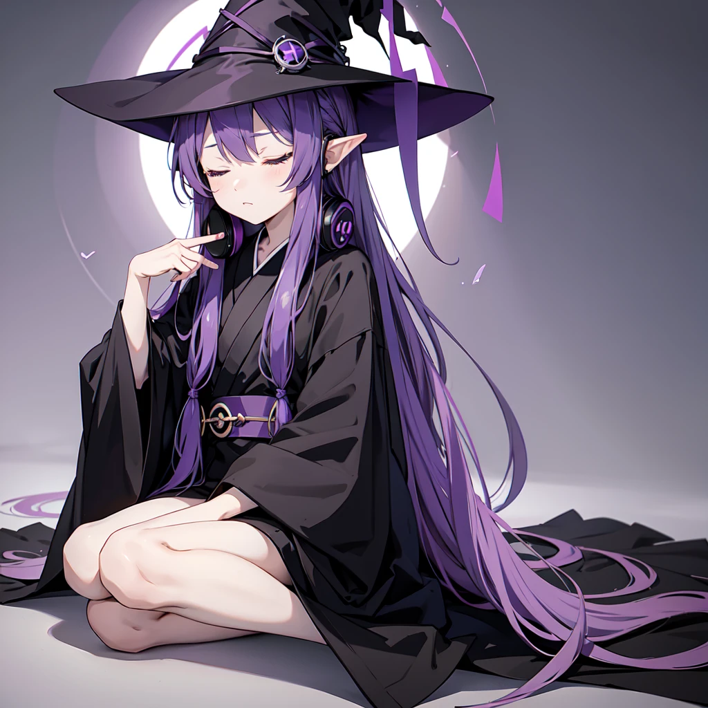 1 person. Anime girl with long purple hair and black robe. Pointy ears. Cute as in manga. Sitting  with eyes closed. Headphones. Witch hat on the ground.