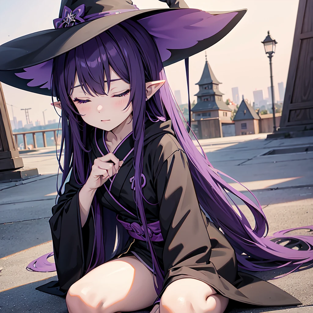 1 person. Anime girl with long purple hair and black robe. Pointy ears. Cute as in manga. Sitting with eyes closed. Headphones. Witch hat on the ground.