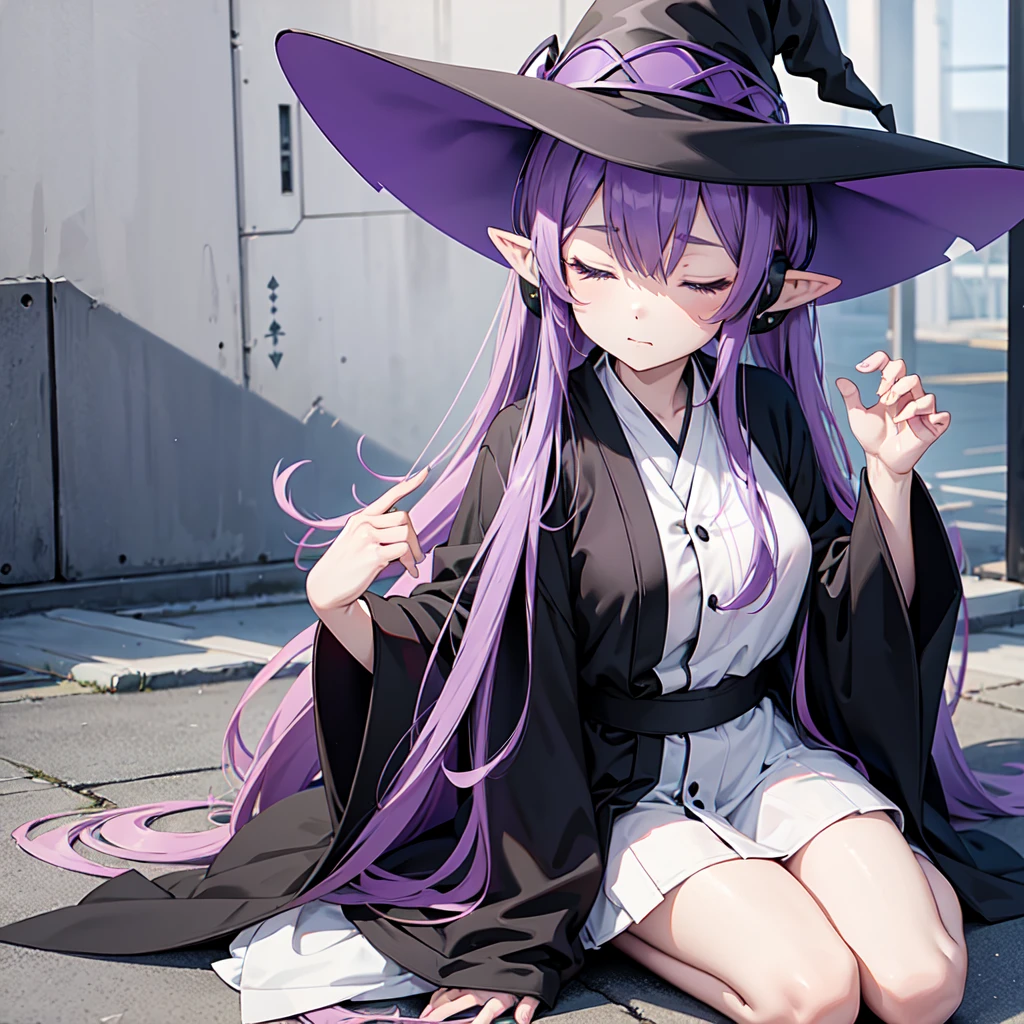 Anime girl. Long purple hair and wearing a black robe. Pointy ears. Witch hat. Cute cartoon. Illustration, deformation, gag