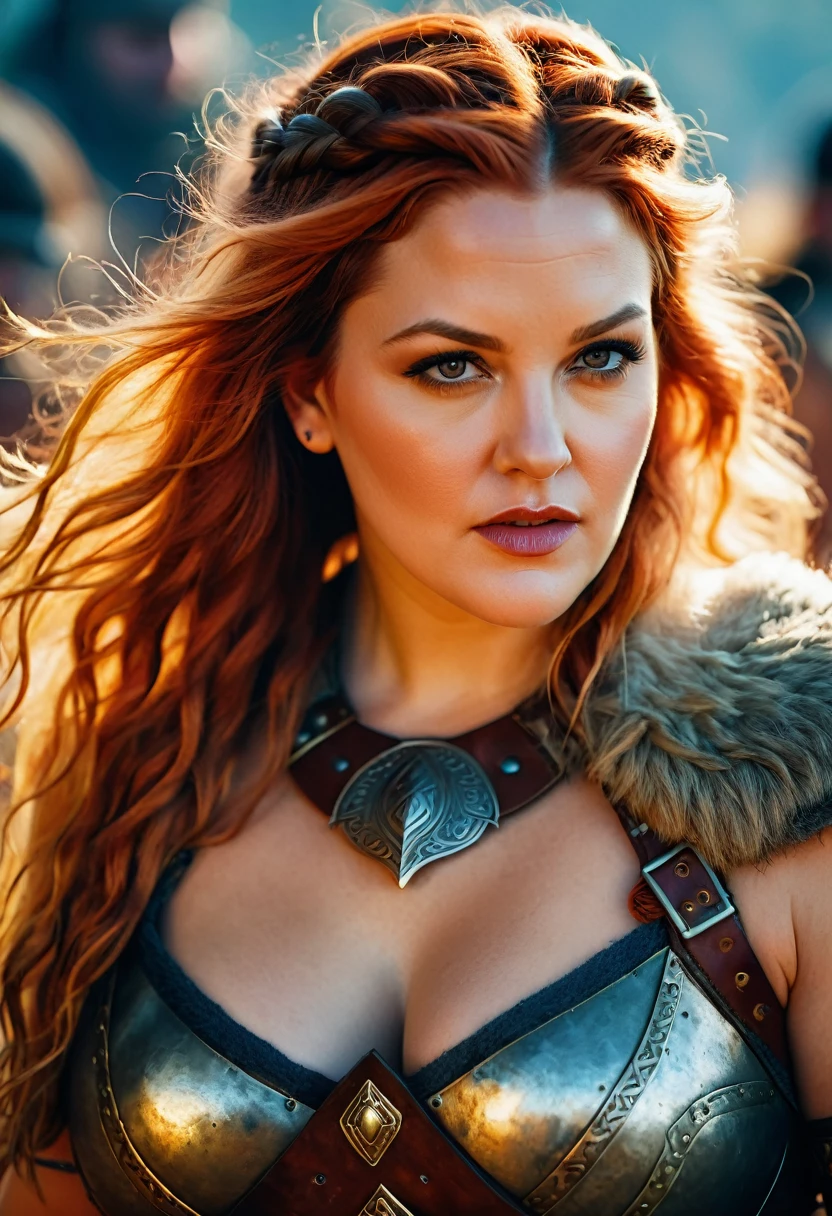 Looks like Drew Barrymore, A stunning intricate full color portrait of (sks woman:1) as (viking warrior), (barbarian), extremely seductive woman, busty outfit, perfect plus size Beauty, Barbarian warrior queen, fluffy streax hair, styled hair, epic character composition, by ilya kuvshinov, alessio albi, nina masic, sharp focus, natural lighting, subsurface scattering, f2, 35mm, film grain,