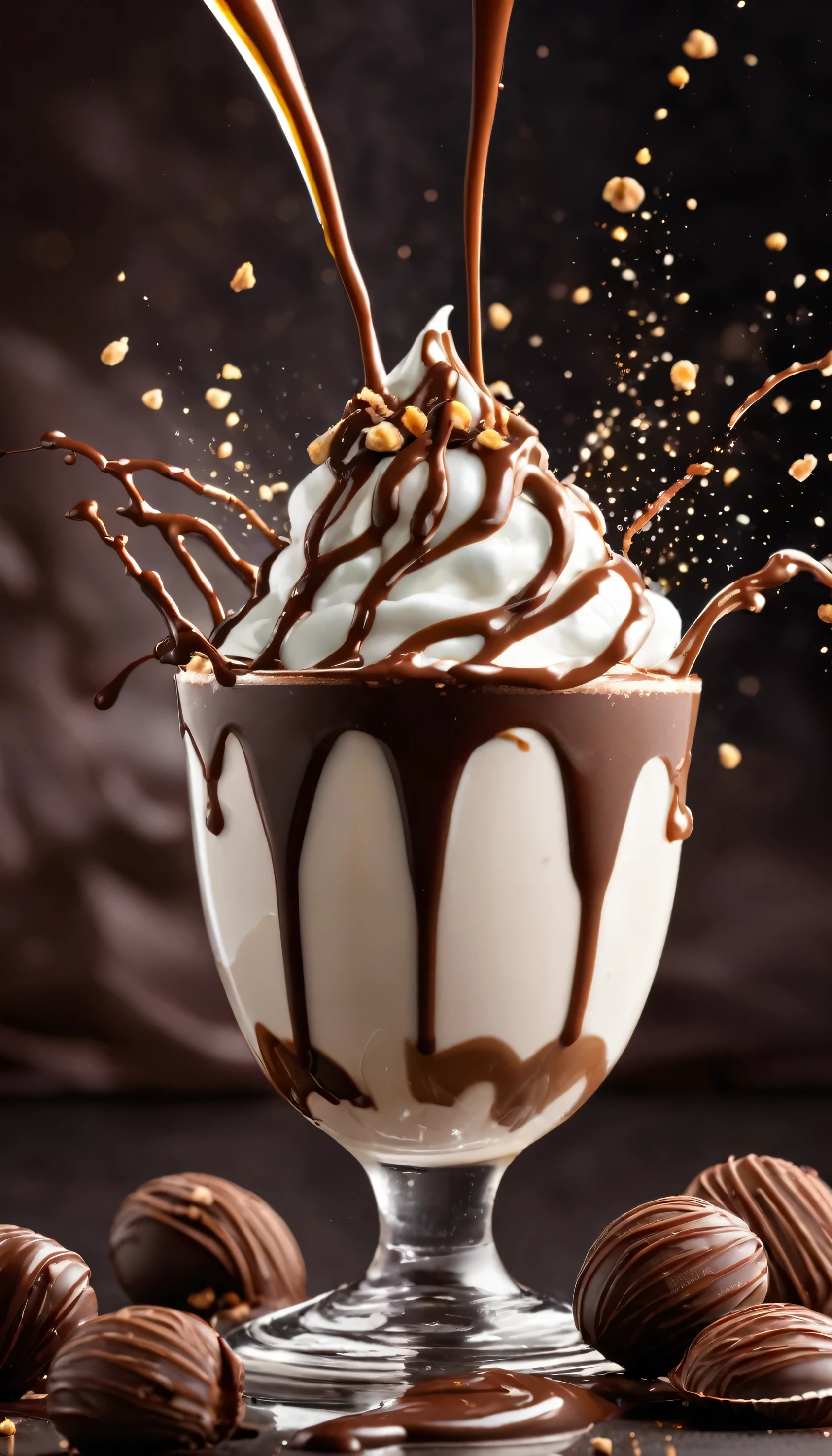 a picture yogurt and chocolate splashing behind a chocolate hazelnut sundae like in a commercial