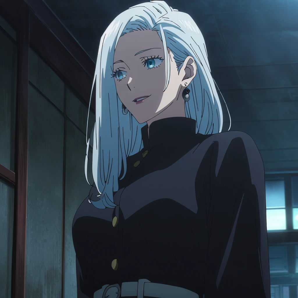 1girl, female gojo satoru, anime screencap from jujutsu kaisen, gojo satoru female version, solo, short_hair, ((Blue eyes, round sunglasses)) ((Silver_hair, hair over ear from one side))((slicked hair)) , night view, (hanging breasts) upper_body, smile, indoors, parted lips, (long hair) ((wearing black colour outfit, glossy)) breast, "very detailed and high resolution" (Blue eyes, round sunglasses) ((solo)) (((front view))) (earings) ((high resolution)) ((good quality)) ((silky hair, hair over ear from one side))((hair slicked)) ((parted lips)) ((full body))
