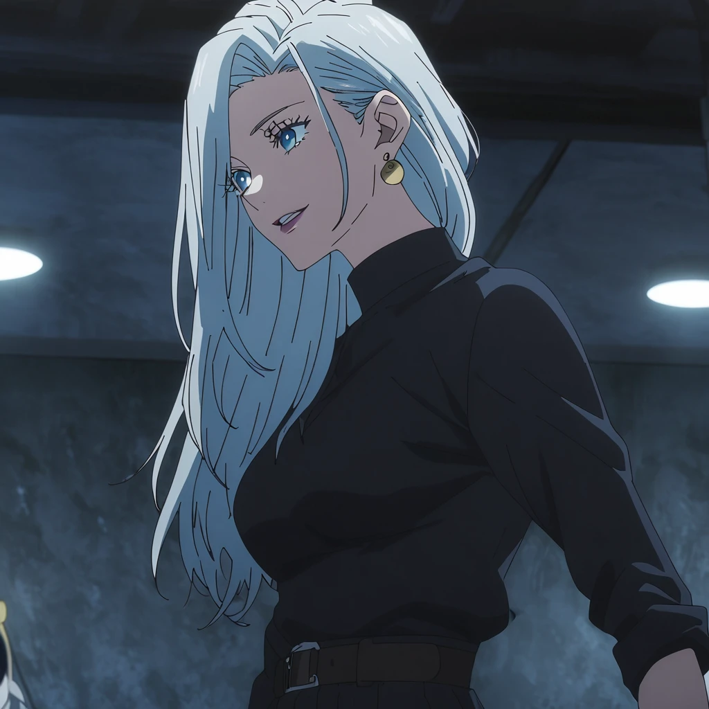 1girl, female gojo satoru, anime screencap from jujutsu kaisen, gojo satoru female version, solo, short_hair, ((Blue eyes, round sunglasses)) ((Silver_hair, hair over ear from one side))((slicked hair)) , night view, (hanging breasts) upper_body, smile, indoors, parted lips, (long hair) ((wearing black colour outfit, glossy)) breast, "very detailed and high resolution" (Blue eyes, round sunglasses) ((solo)) (((front view))) (earings) ((high resolution)) ((good quality)) ((silky hair, hair over ear from one side))((hair slicked)) ((parted lips)) ((full body))