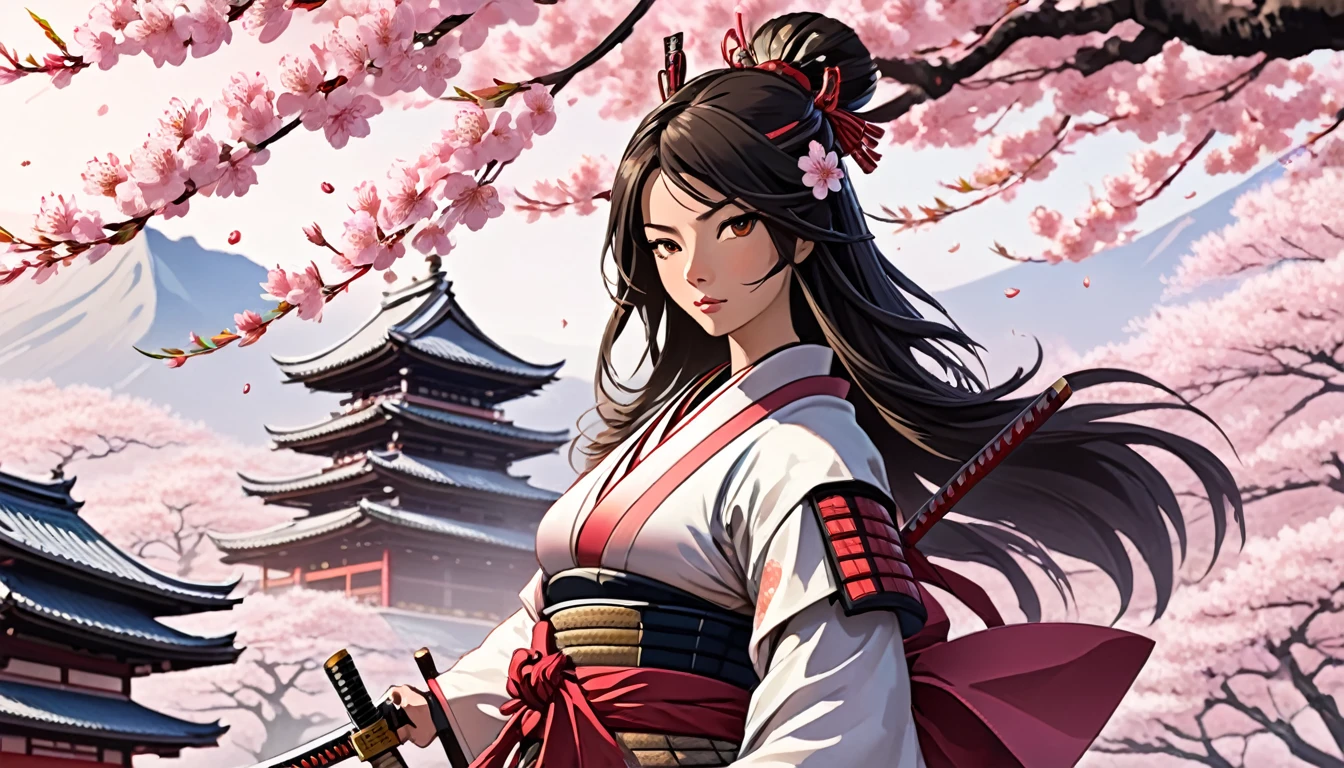 Female samurai,Background is cherry blossoms and a Japanese temple