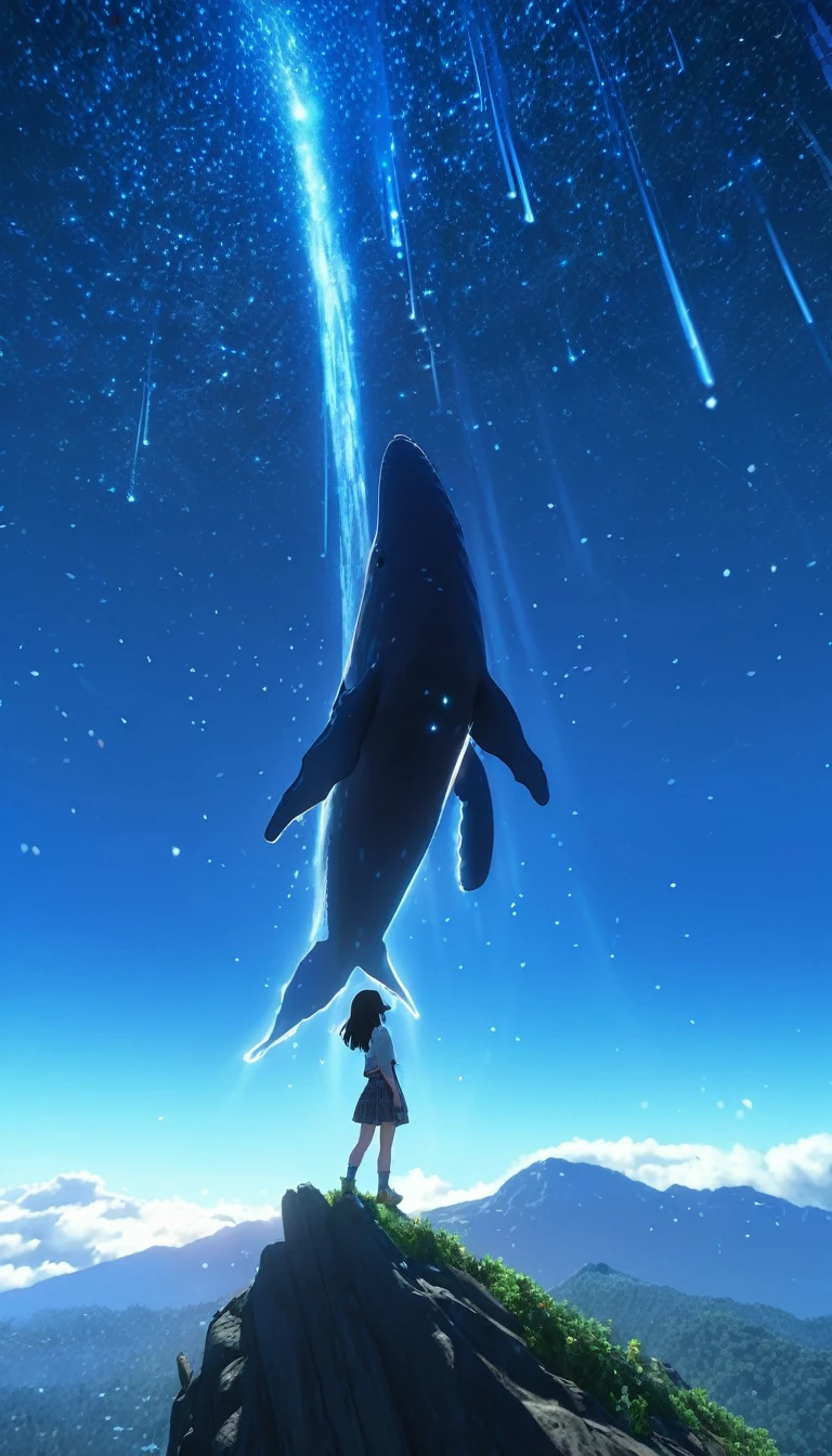 Low angle view,Looking up, A long-haired girl standing on the top of the mountain,A huge, glowing whale flies overhead,Starry Sky,Canon EOS R5,Photo effects,Graininess,Glowing Effects,Super Fine,Ultra-realistic,Real light and shadow contrast,True ray tracing,True light falloff,True light reflection,Anti-aesthetic style,Poodlepunk,Snapshot aesthetic style , High Saturation,CG Art, Makoto Shinkai's photo, pure, Concept Art, Lofi Art style,Shinkai Makoto animation art style, Lofi Art, Beautiful anime scene, Anime Landscape, Detailed scenery, Makoto Shinkai's style, Makoto Shinkai's style, Enhance Details