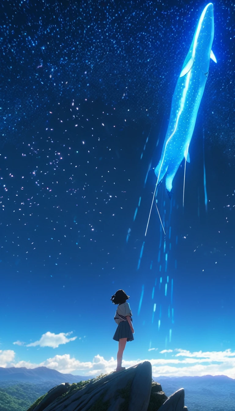 Low angle view，Looking up， A long-haired girl standing on the top of the mountain，A huge, glowing whale flies overhead，Starry Sky，Canon EOS R5，Photo effects，Graininess，Glowing Effects，Super Fine，Ultra-realistic，Real light and shadow contrast，True ray tracing，True light falloff，True light reflection，Anti-aesthetic style，Poodlepunk，Snapshot aesthetic style ， High Saturation，CG Art， Makoto Shinkai&#39;s photo, pure, Concept Art, Lofi Art style，Shinkai Makoto animation art style, Lofi Art, Beautiful anime scene, Anime Landscape, Detailed scenery, Makoto Shinkai&#39;s style, Makoto Shinkai&#39;s style, Enhance Details