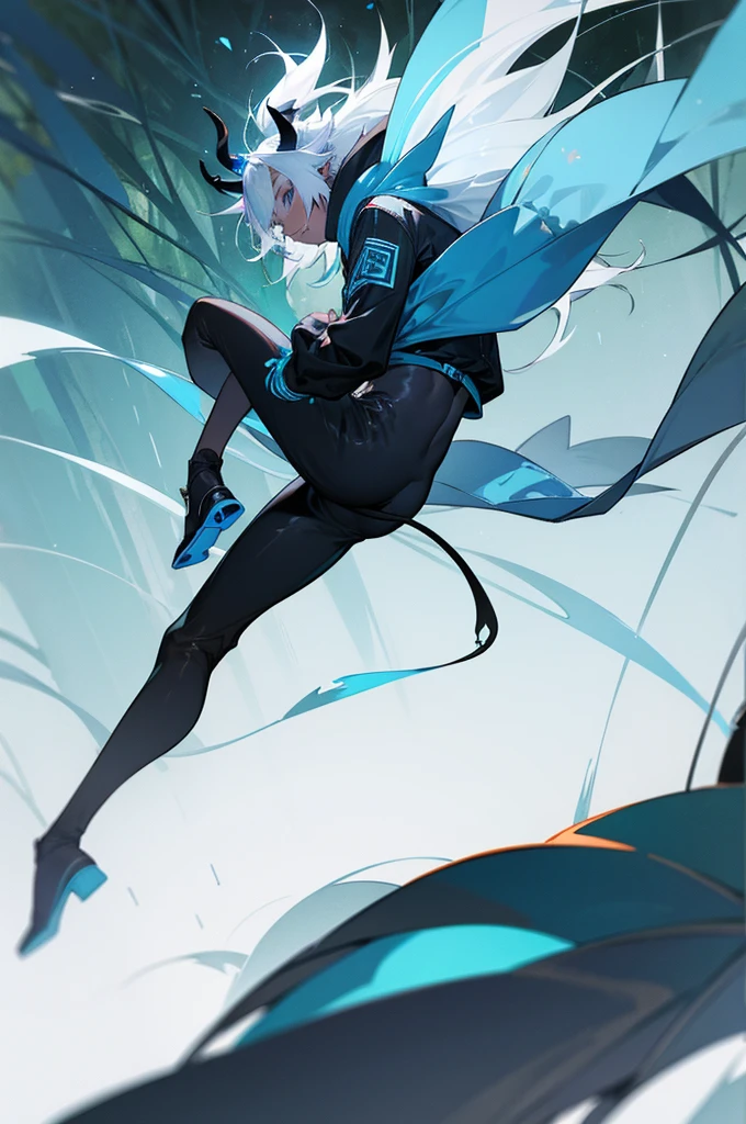 1male, black and blue skin color,  white hair ,small horns, with a tail, Jump jacket, Forest background