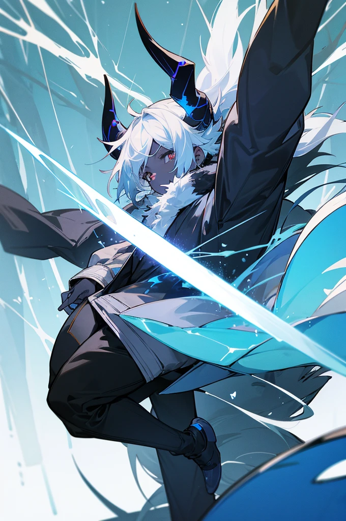 1male, black and blue skin color,  white hair ,small horns, with a tail, Jump jacket, Forest background