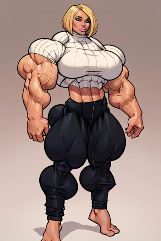 coloured sketch, beautiful woman, blonde bob haircut, turtleneck sweater, long baggy pants, strong well defined muscle, bulky powerful bodybuilder physique, massive muscular arms, perfect and flawless musculature, great muscle definition, perfect muscular body, massive muscular thighs, female muscle juggernaut