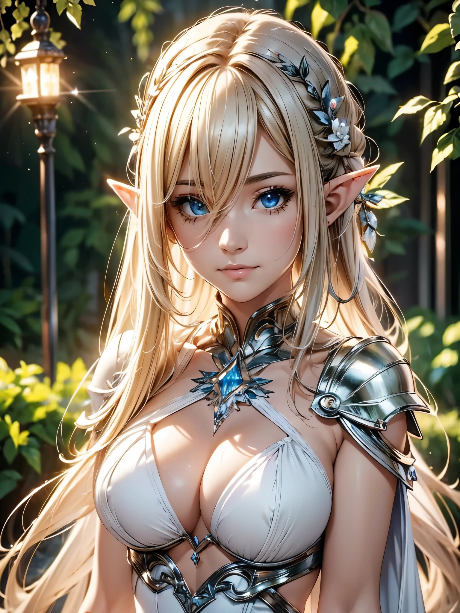 best quality, masterpiece, High resolution, 1 elf girl, beautiful girl, white detailed dress, beautiful, crystal-armor, long hair, magician, colorful magic circle, outdoor, pretty face, Above_Body, The Tyndall effect, Realistic anime, Edge lighting, two color lights, (Highly detailed skin:1.2), 8K uhd, soft light, high quality, Volumetric lighting, confess, photo, High resolution, 8K, Bokeh