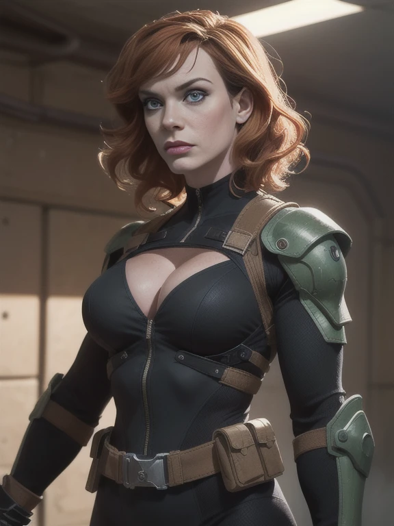 Christina Hendricks as a Metal Gear Solid character,powerful female character, short wavy orange hair and bright blue eyes, 48 years old, striking and mature facial features,agile and athletic build, (Wearing: Fingerless Gloves, skin-tight suit, black and green stealth suit, armored pieces pf the side of the suit, cleavage_cutout, utility belt, metallic armlets, armored boots, gun holsters), the hallways cast dramatic shadows, posing with a shot-gun,standing in an secret underground facility,bathed in dramatic lighting,bringing a sense of mystique and determination,combining beauty and stealth,intricate details highlighting the fierceness. stealthy and formidable presence of the character,hyper-realistic rendering to capture every minute detail,showcasing the mastery of digital portrait artistry,ultimate photorealistic quality,highly detailed facial expression showcasing the determination and strategy of the character,subtle hints of stealthy prowess and militaristic elements reflecting the true essence of the Metal Gear Solid universe,vibrant colors with deep gray’s and contrasting cool tones,creating a visually striking and captivating portrait.
