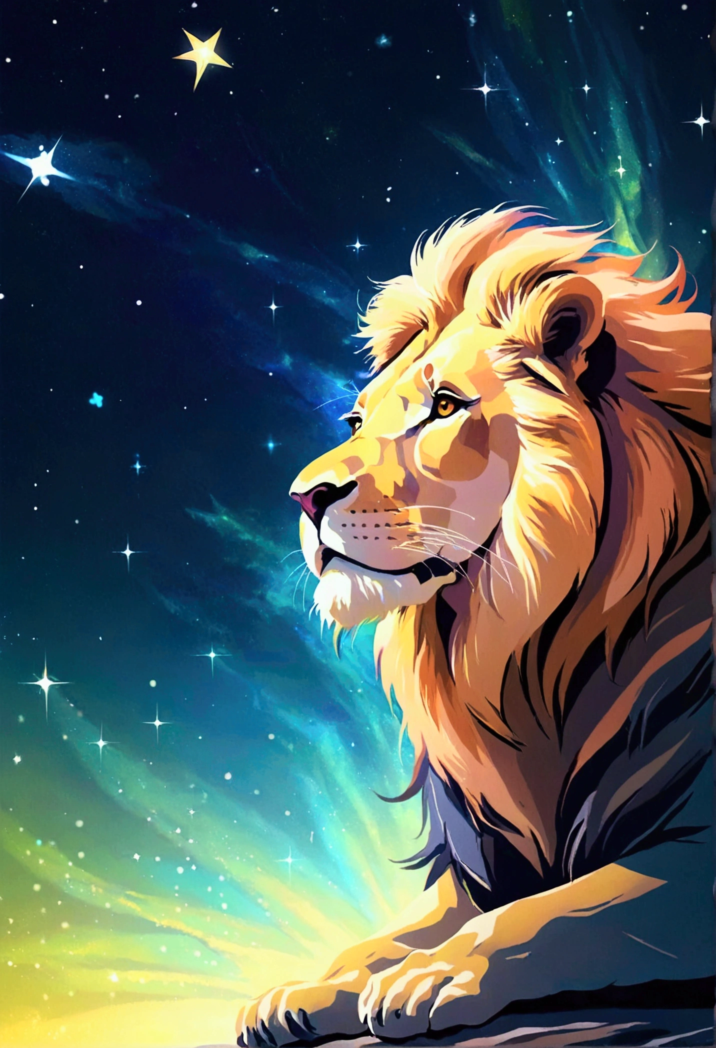 a lion silhouette composed by bright stars. Cosmic background